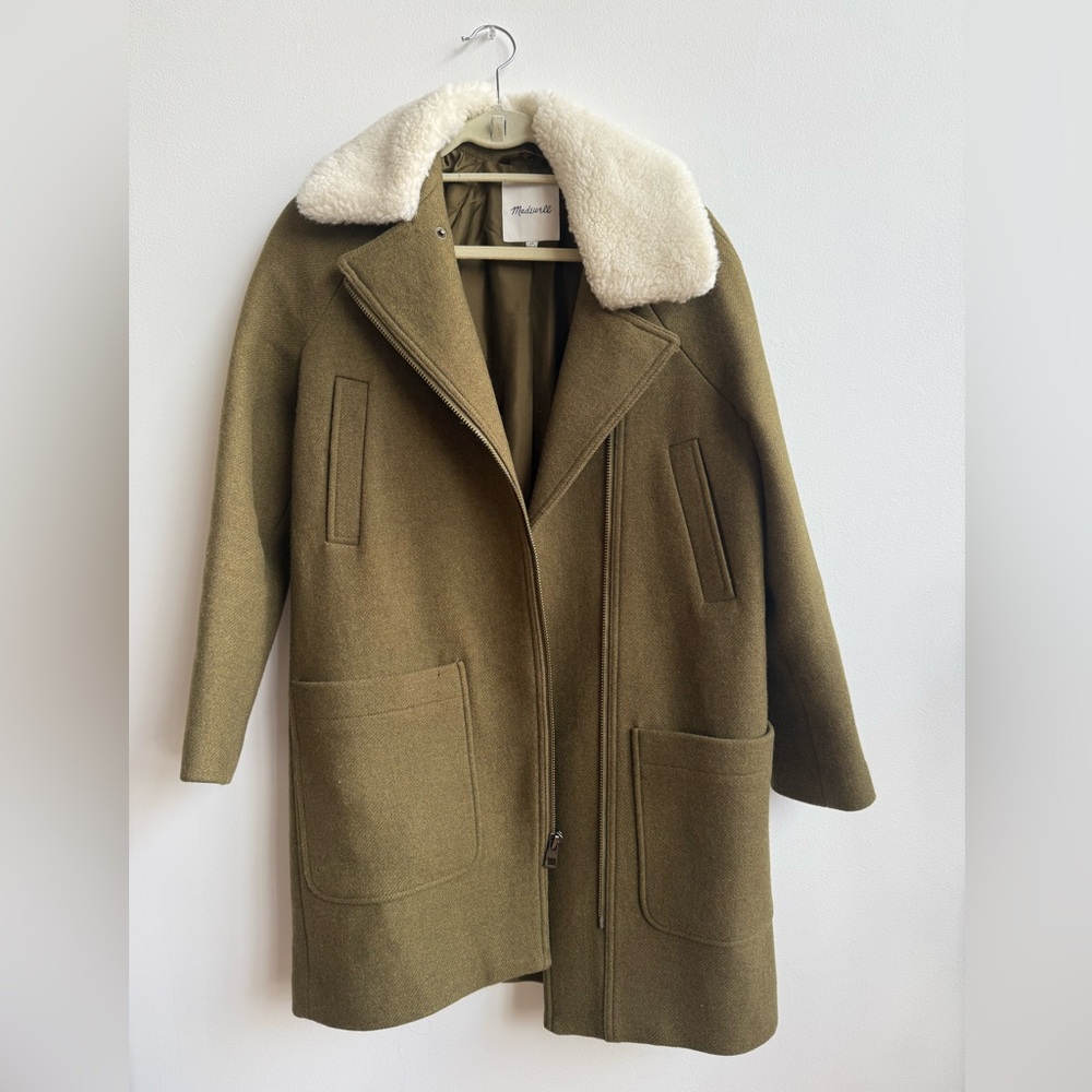 Madewell Olive Green Wool Coat with Removable Sherpa - XS, LIKE NEW